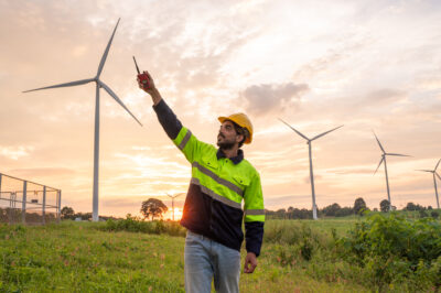 Engineer wearing uniform inspection and survey work in wind turbine farms rotation to generate electricity energy.