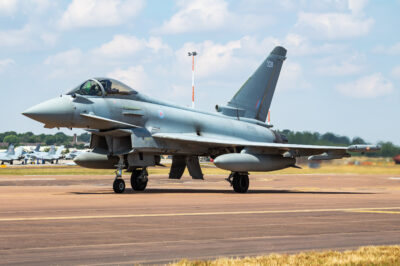 Royal Air Force Eurofighter Typhoon ZK328 fighter jet aircraft arrival and taxiing for RIAT Royal International Air Tattoo 2018 airshow