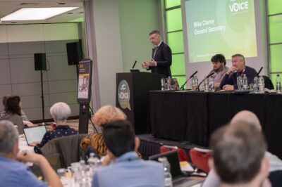 Mike Clancy speaking to reps