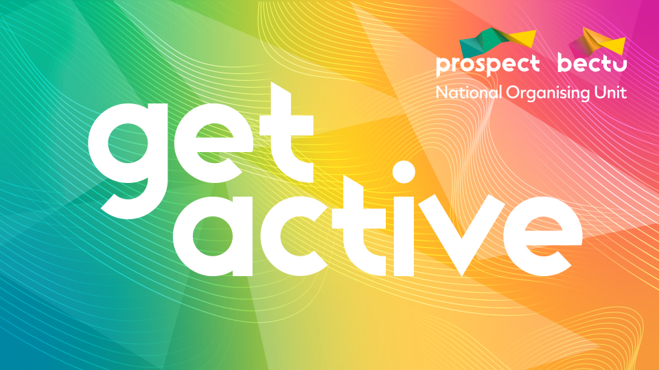 Prospect National Organising Unit get active wording logo on multicoloured background